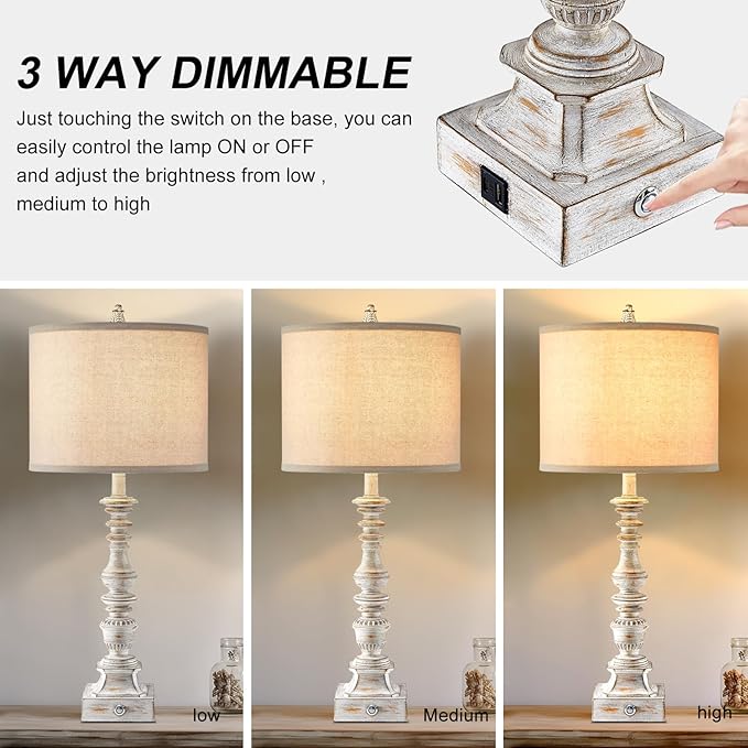 Farmhouse Table Lamps for Bedroom Set of 2 Vintage 3-Way Dimmable Touch Control Nightstand Lamps, Bedside Lamps for Living Room, Traditional Nightstand Lamp End Table lamps 28.5" (Bulbs Included) - Bloomnest
