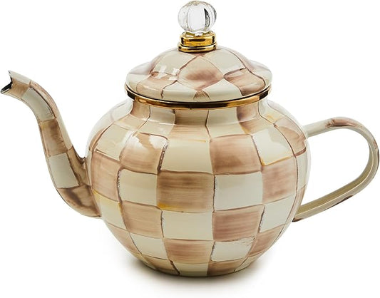 MACKENZIE-CHILDS Enamel Teapot, Cute Small Teapot with Lid, 4-Cup Capacity, Brown-and-White Mocha Check - Bloomnest