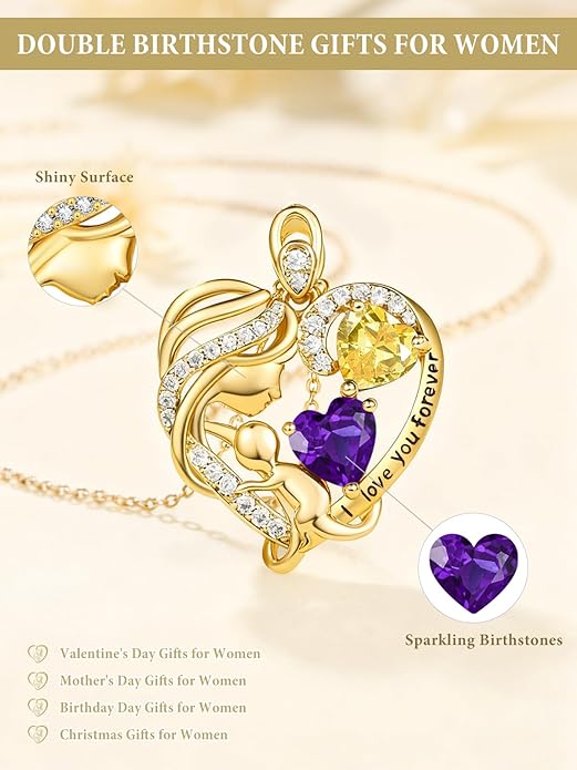 14K Gold Double Birthstone Heart Necklace for Women Mom, Mother Son/Daughter Pendant Necklace for Christmas Mother's Day Birthday Gifts for Wife Daughter Grandmom - Bloomnest