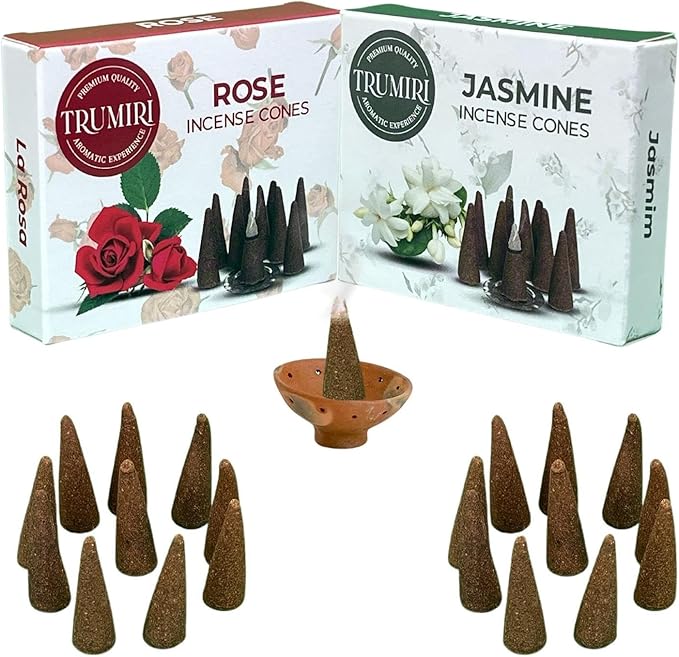 TRUMIRI Incense Cones - Combo Pack of 20 Cone Incense - 10 Rose + 10 Jasmine - Insence Cones - Incense Cones Scented - Cone Incense Scents - Insense Cones - Incent Cone TRUMIRI