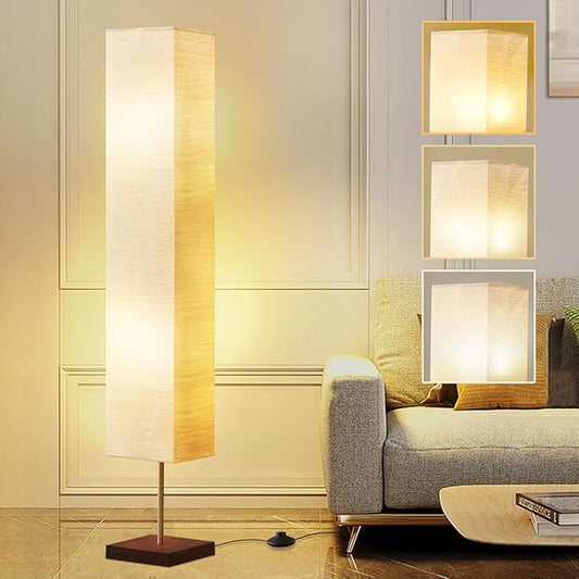 GyroVu Floor Lamp for Living Room, 3 Color Temperature Column Tall Lamp, Standing Lamp with Walnut Base Corner Floor Lamp for Bedroom, Office& Living Room-Beige(Bulbs Included) - Bloomnest