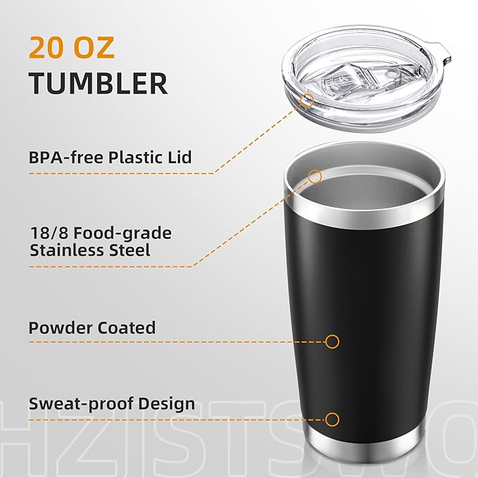 20 oz Tumbler Bulk with Lid Stainless Steel Insulated Tumblers Double Wall Vacuum Coffee Mug Powder Coated Tumbler Cups for Cold and Hot Drinks, Black, 6 pack - Bloomnest