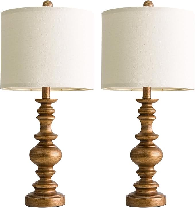 BOBOMOMO 24" Traditional Lamps Set of 2 – Antique Gold Bedside Lamps with Linen Shades, Elegant Medium Farmhouse Lamps for Living Room, Bedroom, and Hallway, Ideal for Warm, Cozy Spaces - Bloomnest