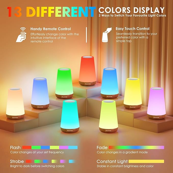 Auxmir Night Light, Dimmable Touch Lamp for Bedroom, 13 RGB Colors & 5 Brightness, Portable Rechargeable Bedside Table Lamp for Baby Nursery, Night Lights for Bedroom Living Room Bathroom Hallways - Bloomnest