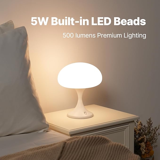 Mushroom Lamp, 5W LED Cordless Rechargeable Table Lamp with Glass Shade, Small Retro Dimmable Touch Light with 3 Color Temps, Aesthetic Mid Century Bedside Light for Bedroom Ambient, White - Bloomnest