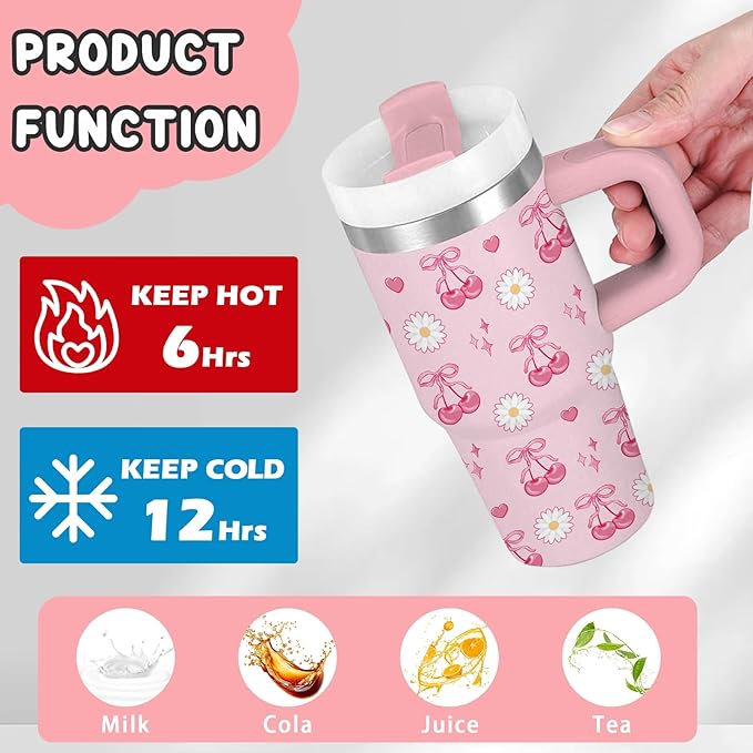 Cherry Bow Gifts for Girls - 14oz Kids Tumbler with Handle and Straw, Stainless Steel Insulated Water Cup, for Sport, School, Travel - Pink Bow Cherry Themed Children Birthday Gift Cup(1pc) - Bloomnest