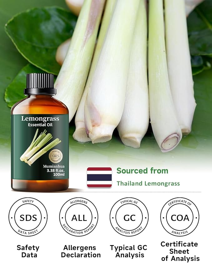 Pure Lemongrass Essential Oil,Mumianhua Natural Lemongrass Oil for Aromatherapy Diffuser, Outdoor Fresh Air, Natural Protective Blends, Skin Care, Hair, Spray, Soap, Candle Making 3.38 Fl Oz - Bloomnest