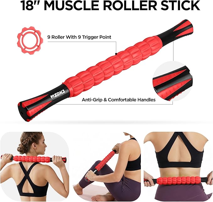 Muscle Roller & Massage Roller Stick for Athletes - Lymphatic Drainage Support, Relieves Muscle Soreness, Cramping & Tightness - Targets Legs, Arms, Back & Calves （Red - 18inch） - Bloomnest