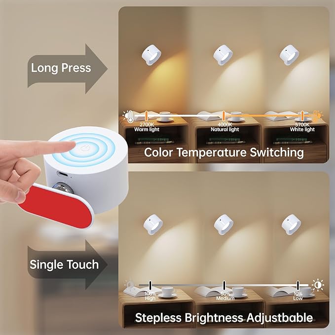 3Pack Battery Operated Wall Sconce, 3 Color Modes 3 Brightness Levels 360°Rotation Lighting Timer Touch & Remote Control, Wall Mounted Lamp LED Wall Lights for Bedroom Reading Bedside (White) - Bloomnest