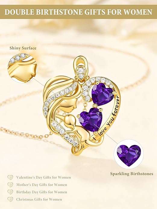 14K Gold Double Birthstone Heart Necklace for Women Mom, Mother Son/Daughter Pendant Necklace for Christmas Mother's Day Birthday Gifts for Wife Daughter Grandmom - Bloomnest