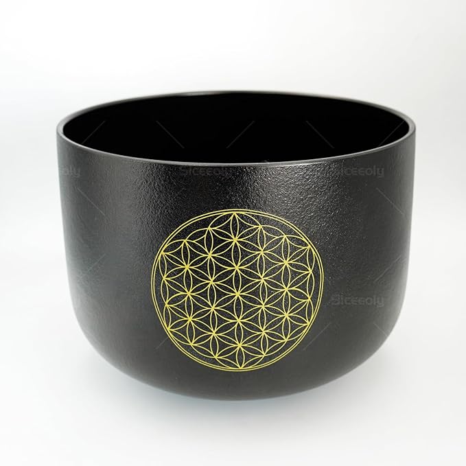9 inch F Note Flower of Life Black Crystal Singing Bowl Heart Chakra Meditation Sound Healing with Suede Mallet Striker O-ring - Bloomnest