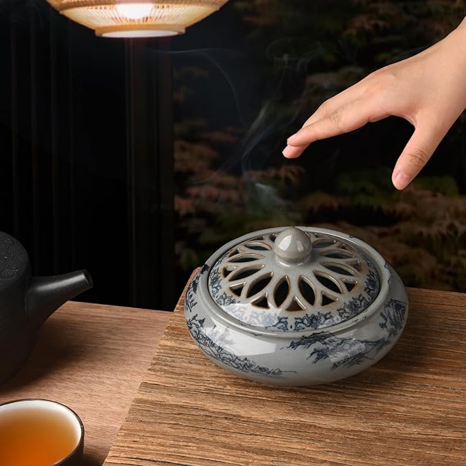 Ceramic Incense Burner with Holder for Stick/Coil Incense,Sage Cones and Mosquito Incense Handmade Smudging Burn Bowl for Cleansing Negative Indoor Energy and Other Incense Rituals, Cyan - Bloomnest