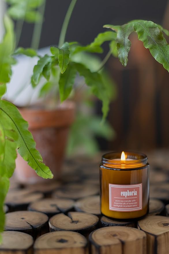ECO CANDLE CO. Essentials Candle, Euphoria, 8 oz. - Scents of Lavender, Petitgrain, & Juniper - 100% Soy Wax, No Lead, Hand Poured, Phthalate Free, Made from Midwest Grown Soybeans - Bloomnest