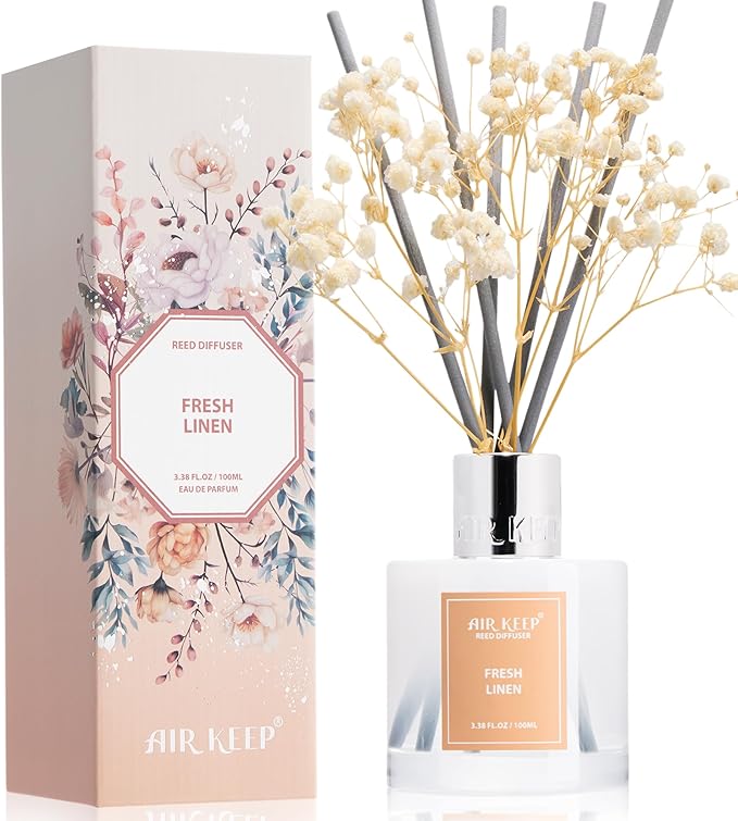 Airkeep Reed Diffuser Set,3.38 fl oz (100 ml) - Fresh Linen Oil Diffusers with 8 Reed Sticks, Home Fragrance Reed Diffuser for Bathroom Shelf Decor Airkeep