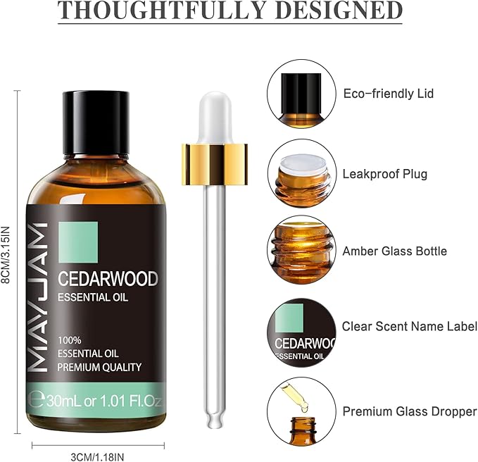 Cedarwood Essential Oil 1.01fl.oz/30ML, MAYJAM Premium Cedarwood Oil for Massage, Diffuser, Candle Making, DIY Soap, Long Lasting Scents - Bloomnest