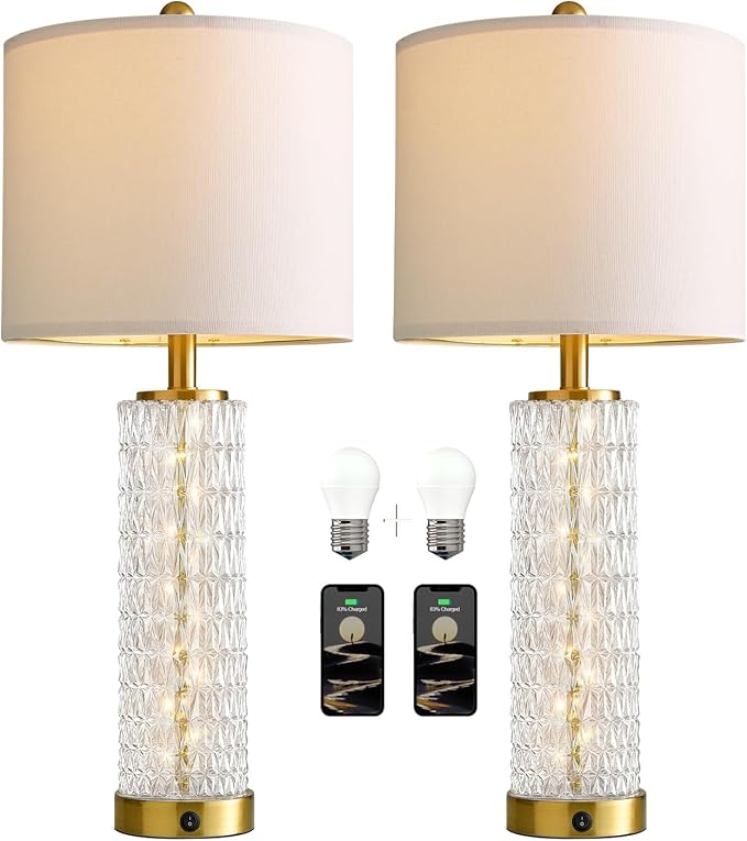 Oneach 27.75” Table Lamps Set of 2, Gold Modern Bedside Lamp with LED Night Light, USB A+C, Glass Lamps for Living Room, Bedroom, Nightstand, Office, End Table (2 Bulbs Included) - Bloomnest
