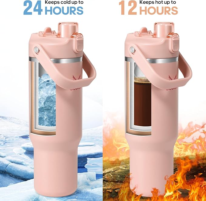 32 oz Stainless Steel Tumbler with Handle and Straw, Vacuum Insulated Water Bottle with 2-in-1 Lid (Chug/Straw) and Silicone Boot，Keeps Drinks Hot and Cold - Bloomnest