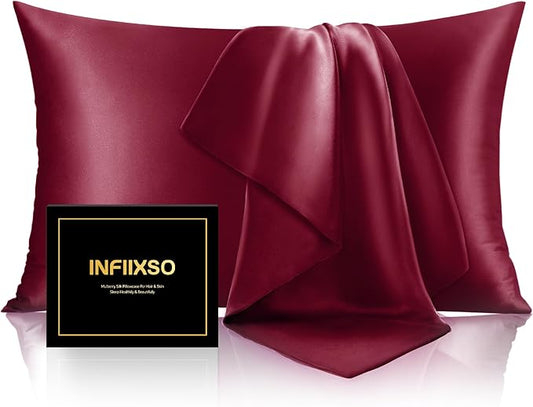 INFIIXSO Mulberry Silk Pillow Cases King Size Set of 2, Silk Pillowcase with Hidden Zipper 20"x36", Extraordinary Smooth and Soft Pillow Case for Hair and Skin(Burgundy, 2 Pack) - Bloomnest