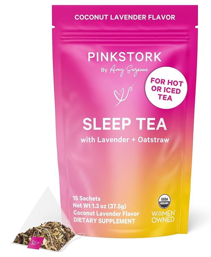 Pink Stork Organic Sleep Tea - Melatonin-Free - Calming Lavender Coconut Herbal Tea to Naturally Support Sleep - Pregnancy Friendly Bedtime Tea, Caffeine-Free - 15 Sachets, Hot or Iced - Bloomnest