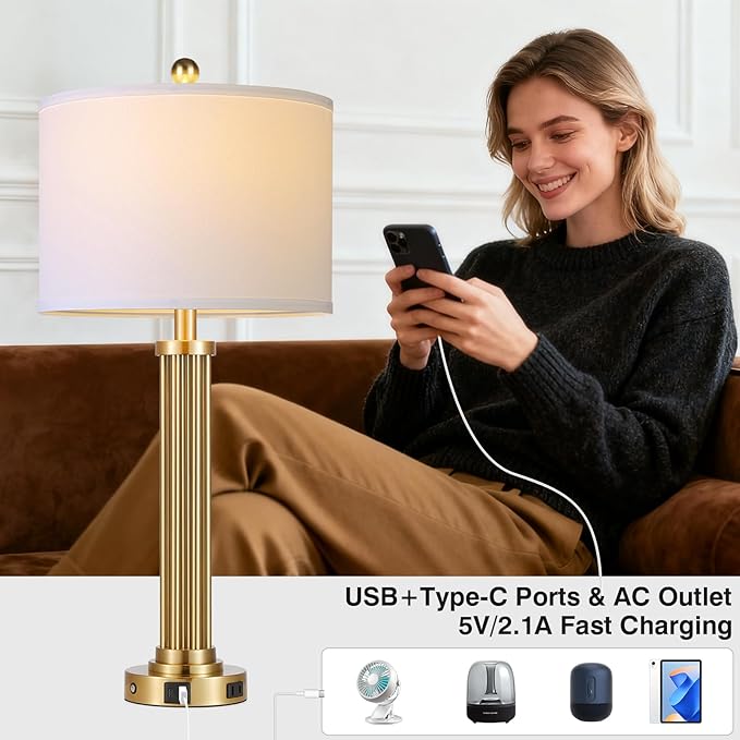 28" Tall Modern Table Lamps Set of 2 with USB C+A Ports and AC Outlet, 3 Way Touch Metal Bedside Lamps for Living Room, Gold Nightstand Lamps for Bedroom - Bloomnest