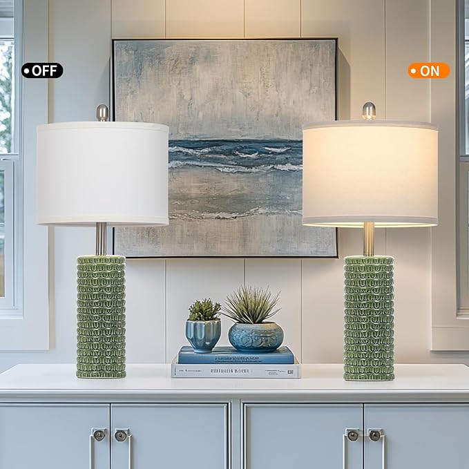 24.5" Green Ceramic Table Lamps Set of 2, Farmhouse Table Lamps for Living Room, Modern Lamps for Bedroom Night Stands, Traditional Nightstand Desk Lamps(LED Bulbs Included) - Bloomnest