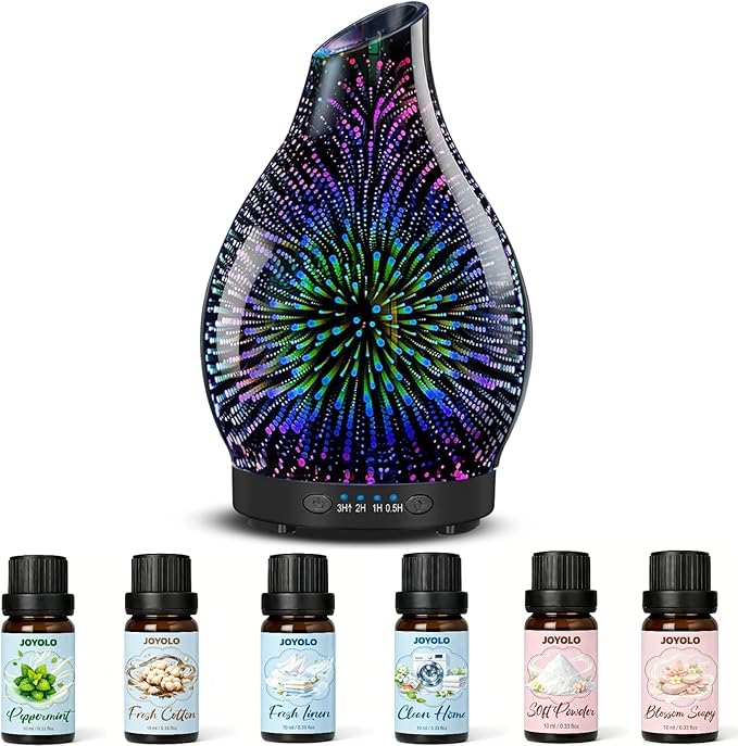 Essential Oil Diffuser & Essential Oils Set, Glass Aromatherapy Diffuser with 7 LED Colors, 6 Oils Gift Pack (Clean Home, Peppermint, Blossom Soapy, Soft Powder, Fresh Cotton, Fresh Linen) - Bloomnest