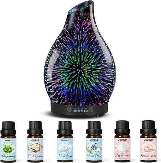 Essential Oil Diffuser & Essential Oils Set, Glass Aromatherapy Diffuser with 7 LED Colors, 6 Oils Gift Pack (Clean Home, Peppermint, Blossom Soapy, Soft Powder, Fresh Cotton, Fresh Linen) - Bloomnest