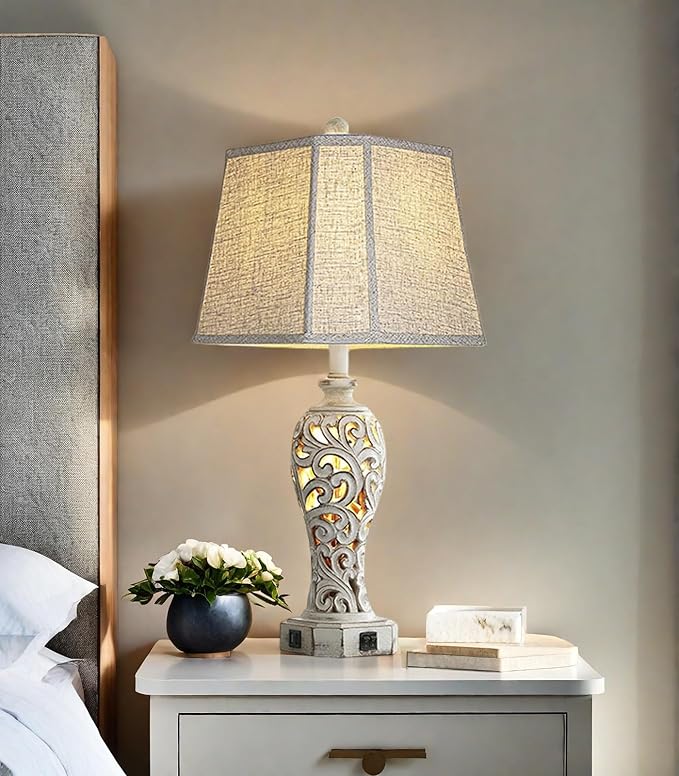 25'' Farmhouse Table Lamp for Living Room Bedroom, 2 USB Ports Vintage Rustic Nightstand Desk Lamp with Nightlight, White Hollow Out Resin Lamp for End Table (Bulb Included) - Bloomnest