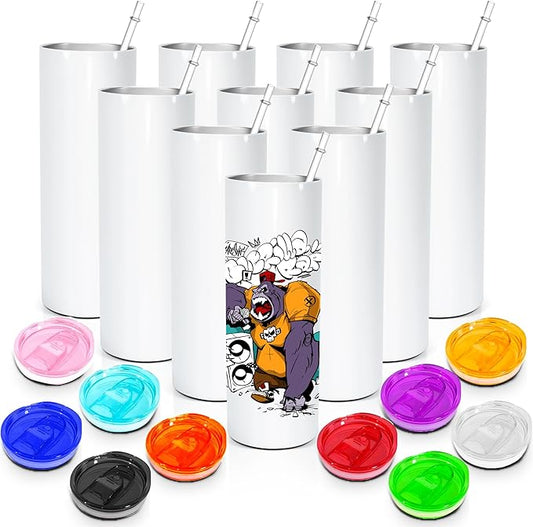 AGH 10 Pack Sublimation Tumblers Blank with Colorful Lids 20 OZ Straight Skinny Tumbler with Straw, Stainless Steel Double Wall Insulated Tumbler for Tumbler Press Machine - Bloomnest
