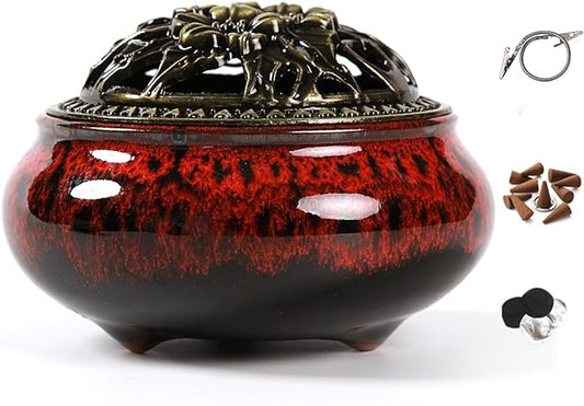 Incense Burner with Calabash Incense Stick Holder - Porcelain Charcoal Censer for Use with Resin Granular Powder Cone or Coil Incense (Fambe Red) - Bloomnest