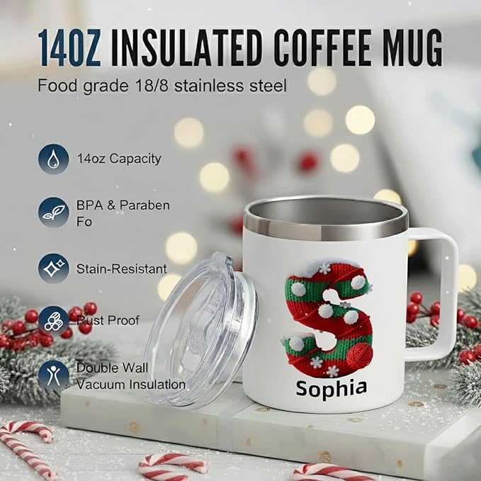 Personalized Christmas Mug | Custom Knitted Stocking Initial Insulated Coffee Cup with Handle & Lid | 12oz Cozy Holiday Tumbler, Unique Stocking Stuffer Gift(B11) - Bloomnest