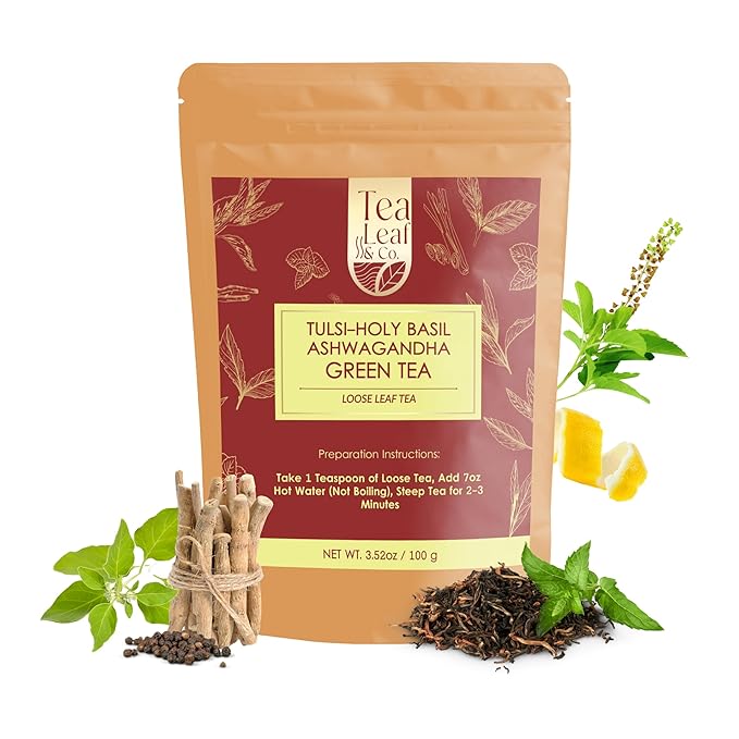 Tealeaf & Co. Tulsi Holy Basil Ashwagandha Green Tea Loose Leaf with Lemon Peel, Lemongrass & Black Pepper - Tulsi Tea with Fresh Herbs and Spices - 50 Servings, Gluten Free (3.52oz/100gm) - Bloomnest