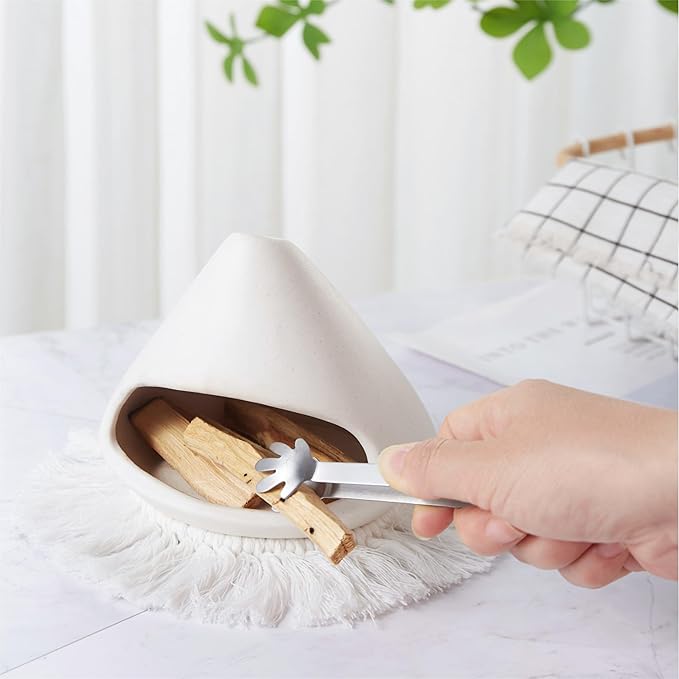 Ceramic Palo Santo Holder Burner,Incense Cone Holder,Mini Chiminea for Palo Santo Sticks and Sage Burner,with Handmade Heat Insulated Mat,Dust Brush,Metal Tweezer. (White) - Bloomnest