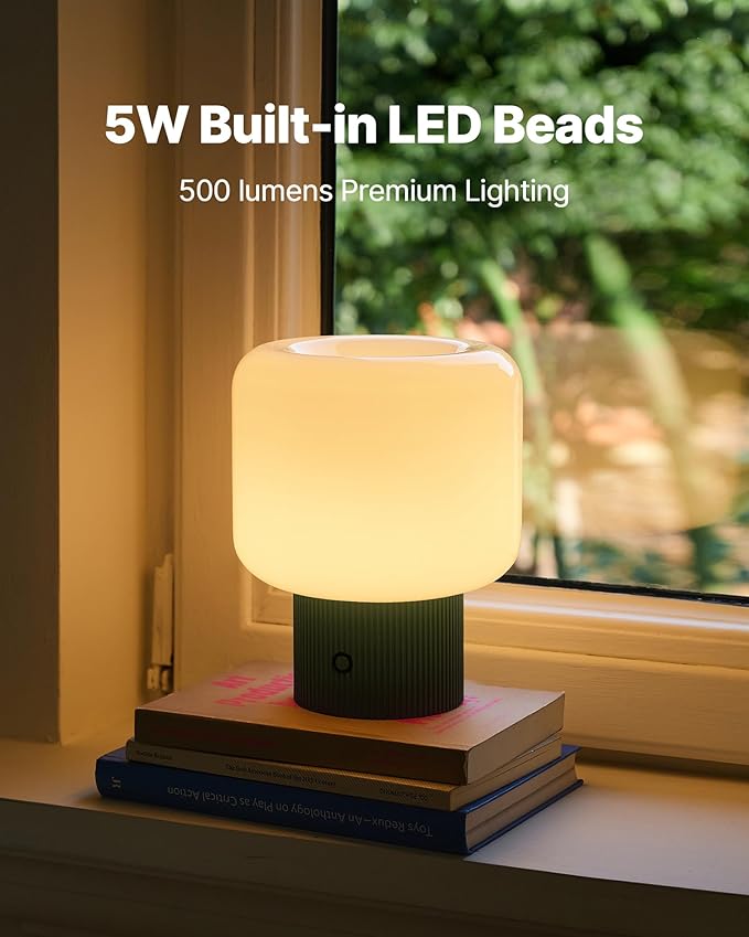 Halo Mushroom Lamp, 5W Cute Cordless Rechargeable Table Lamp with Glass Shade, 3 Color Temps LED Dimmable Ambient Lighting, Small Retro Touch Bedside Light for Bedroom Decor, Vintage Green - Bloomnest
