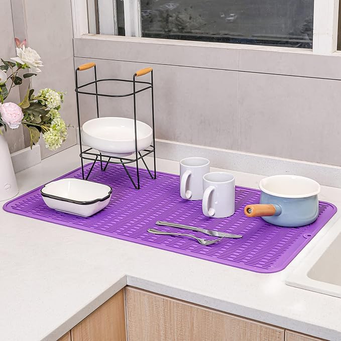 Silicone Dish Drying Mat for Multiple Usage,Easy clean,Eco-friendly,Heat-resistant Silicone Mat for Kitchen Counter or Sink,Refrigerator or Drawer Liner Purple 4XL 32 inches x 18 inches - Bloomnest