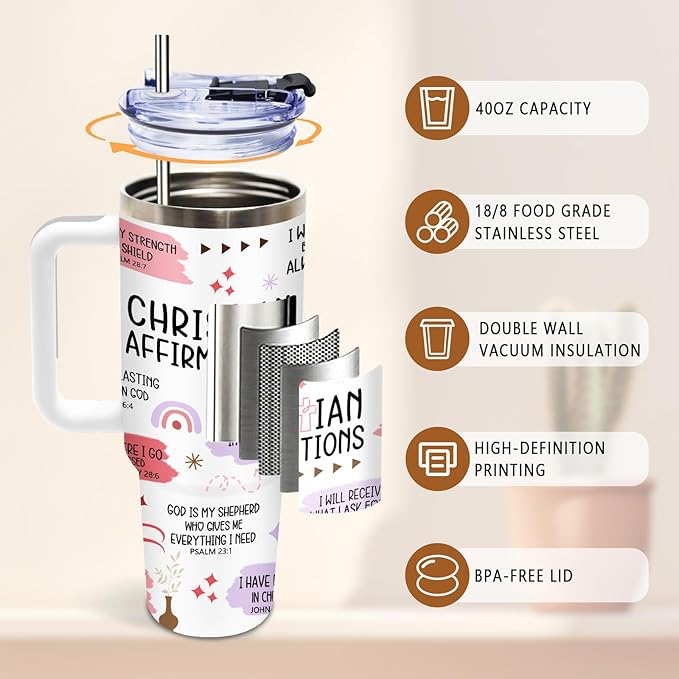 DUUV Christian Gifts for Women, Inspirational Religious Gifts for Mom Wife Sister, 40 Oz Christian Daily Affirmations Tumbler 1PCS, Faith Jesus God Bible Verse Gift for Birthday Christmas Thanksgiving - Bloomnest