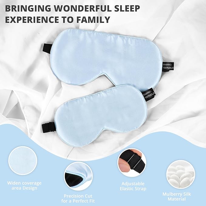 100% Real Natural Silk Eye Mask for Sleeping with Adjustable Strap, 100% Silk Filling Blindfold, Eye Shade for Kids/Teens/Adults, Sleeping Masks for Family (2 Blue) - Bloomnest