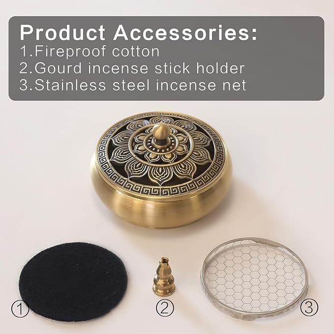 Brass Incense Burner Bowl, Lotus Shape, with Stick Holder & Incense net &Fire Cotton Incense Holder Cone Coil Incense Burner Ash Catcher with Lid for Indoor Office Décor, Handicraft Gifts,Censer - Bloomnest