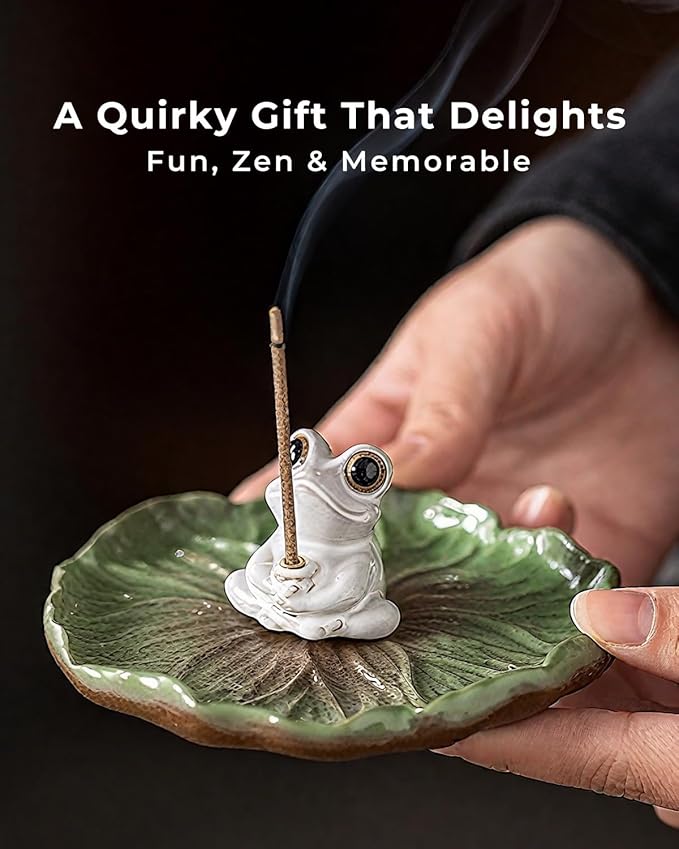 Ceramic Incense Stick Holder - Cute Frog Incense Burner with Lotus Leaf Tray Ash Catcher, Handcrafted Zen Decor for Home, Meditation, Yoga, Gift - Bloomnest