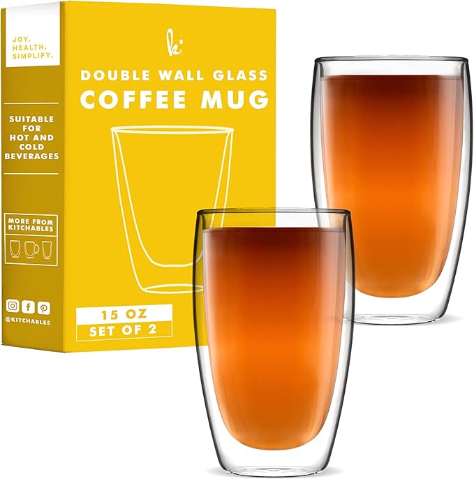 Kitchables Double Walled Glass Coffee Mugs Set of 2, 15oz Insulated Glass Coffee Mugs for Cappuccino, Latte, Tea, Espresso - Latte Cup - Tazas Para Cafe - Bloomnest