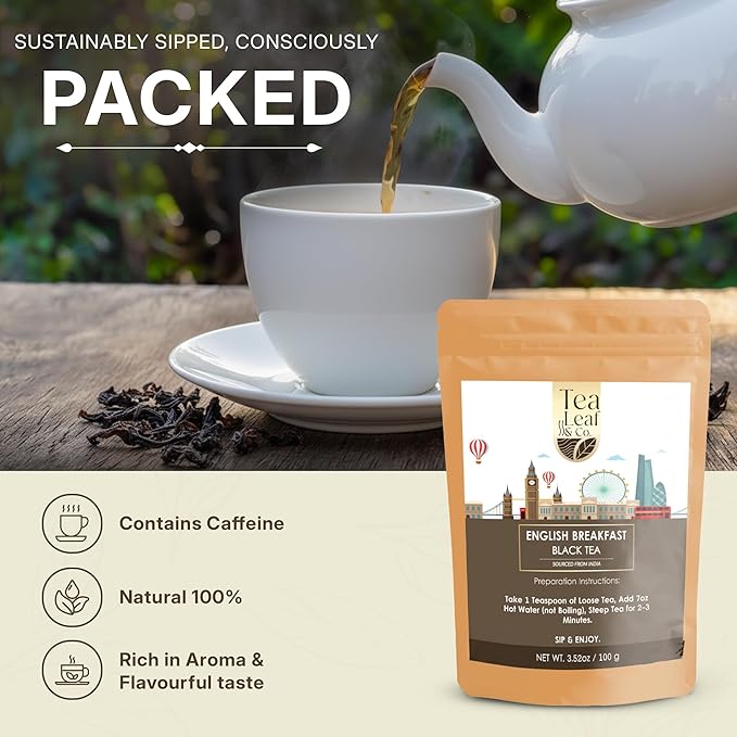 Tealeaf & Co. English Breakfast Black Tea - English Breakfast Tea in Loose Leaf Form - Contains Low Caffeine - Upto 50 Servings - Gluten Free (3.52oz/100gm) - Bloomnest