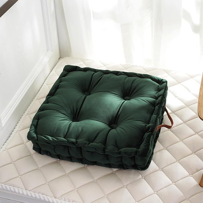 Floor Cushion Pillow, 16.5" Square Floor Cushion Seating for Adults Velvet Thick Meditation Cushion with Handles Decorative Floor Pillow for Yoga Living Room Bedroom Tatami, Dark Green - Bloomnest