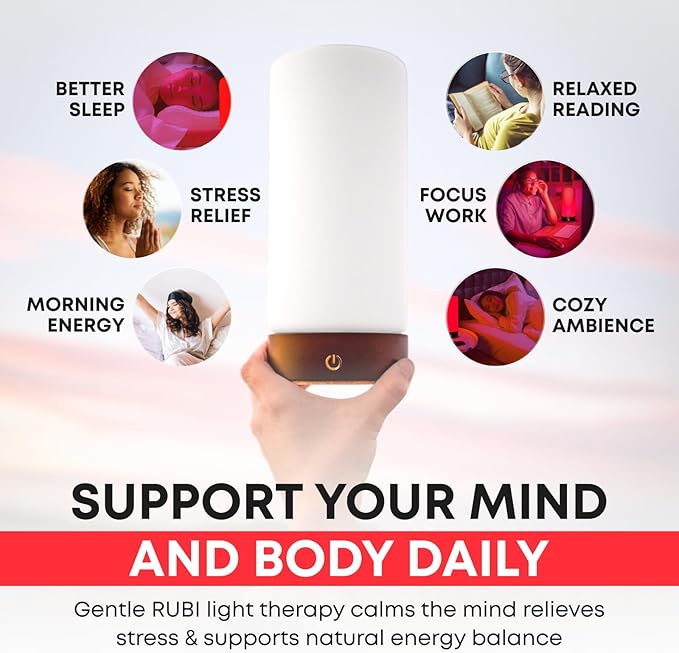 Rubi Red Light Therapy Lamp – 670nm Wavelength for Natural Sleep, Relaxation & Wellness | Adjustable Brightness for Bedroom Light | Elegant Glass & Wood Design | One-Touch Lamp Switch - Bloomnest