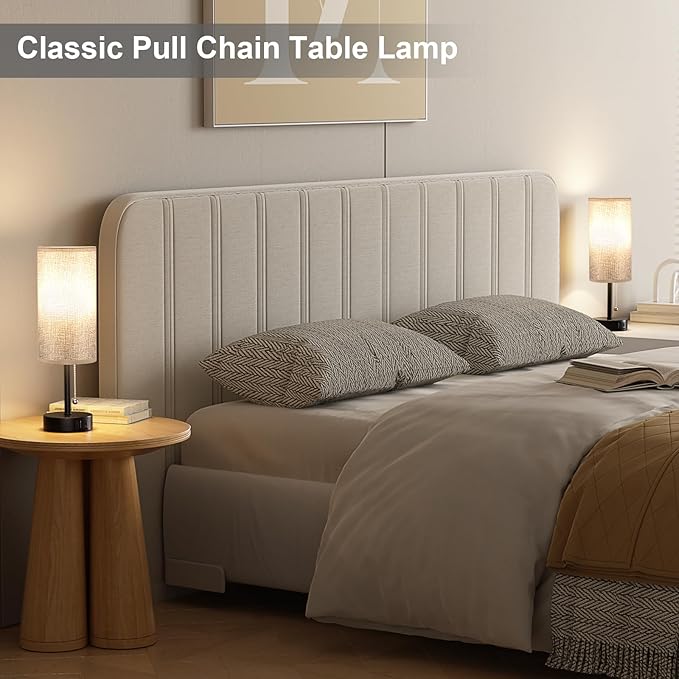 Grey Bedside Lamp for Bedroom Nightstand - Small Table Lamp with USB A + C Charging Port, 3 Color Temperatures Pull Chain Night Stand Light with Bulb, Side Table Desk Reading Lamp for Living Room/Dorm - Bloomnest