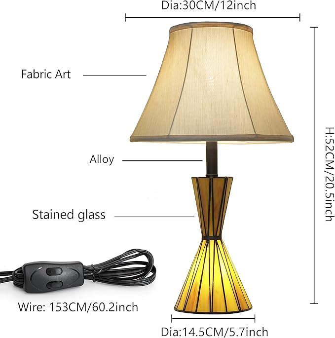 Modern Table Lamps Set of 2 with Hand Crafted Stained Glass Night Lights 3-Way Dimmable Bedside Lamps with Yellow Fabric Shades for Home Decor - Bloomnest