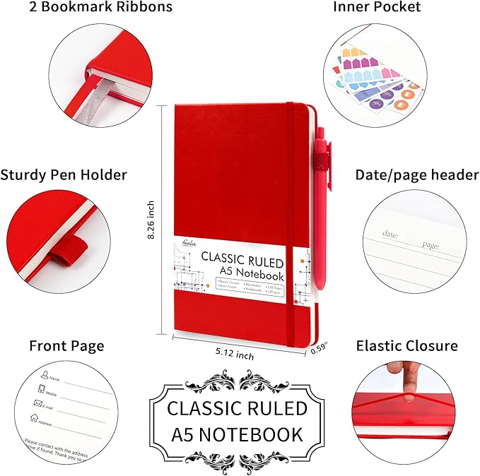 24 Pack Journal Notebook for Work, Feela Business Notebook Bulk Hardcover Lined Writing Journal with Pen Holder for Men Women Note Taking, with 24 Black Pens, 120 GSM, 5.1”x8.3”, A5, Red - Bloomnest