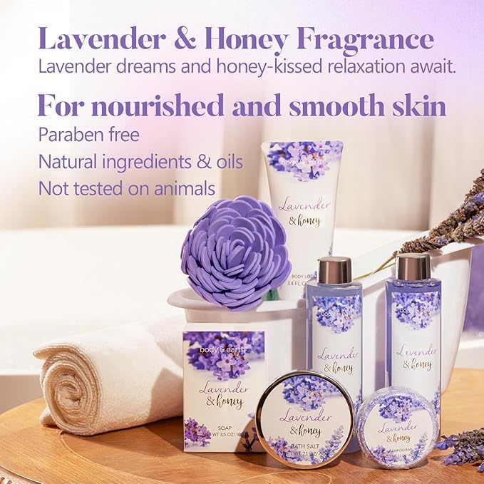 Body & Earth Bath and Body Gift Set - 8 Pcs Lavender Gifts for Women, Spa Kit for Women, Valentine's Day, Mother's Day, Birthday, Holiday, Anniversaries for Her, Mom, Wife, Girlfriend - Bloomnest
