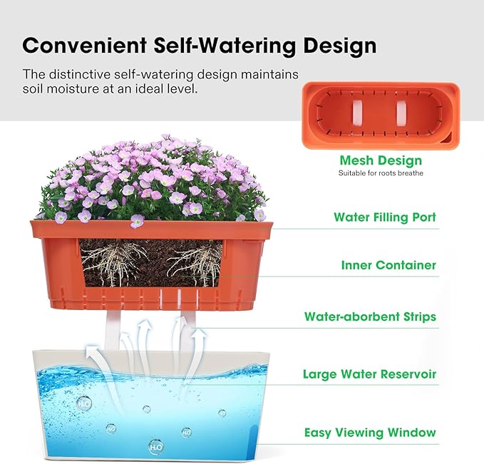 VIVOSUN Self-Watering Planters, 6-Pack 10.5 Inch Compact Rectangular Window Herb Planter Box with 10 PCS Plant Labels, Plant Container for Basil, Flowers, Succulents, Indoor & Outdoor - Bloomnest