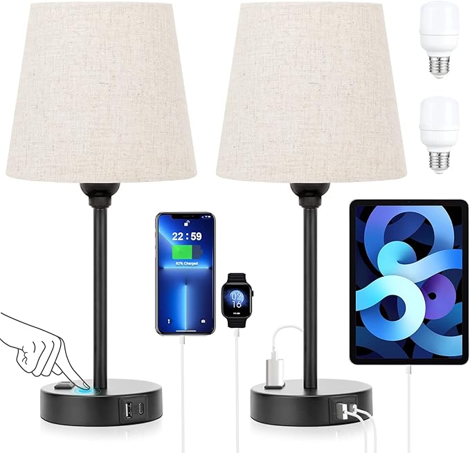 Mini Bedside Lamps for Bedrooms Set of 2 - Nightstand Bedroom Lamps with USB C Port and AC Outlet Charging, Dimmable Touch Small Bed Side Table Lamp, Black Night Stand Light for Kids/Guest Room - Bloomnest