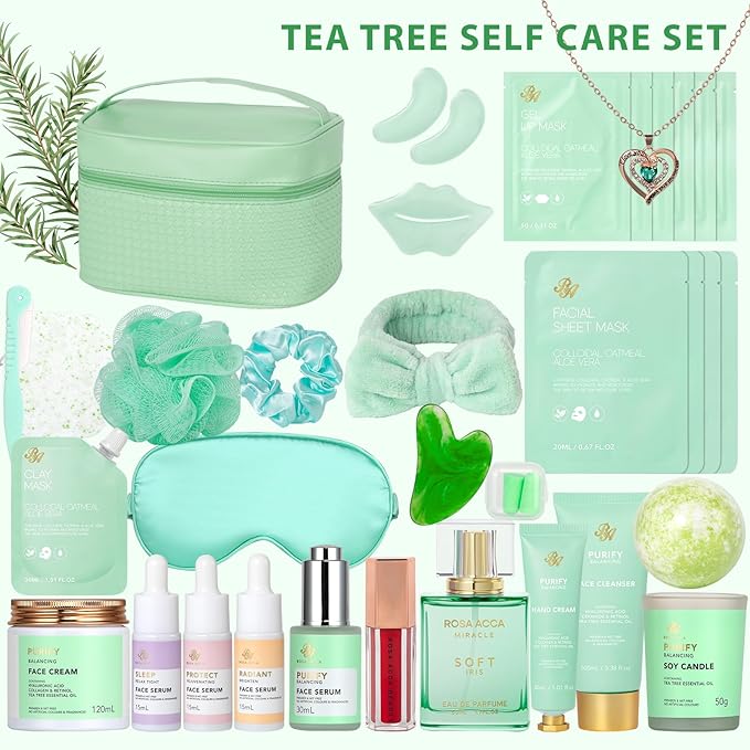 Valentines Day Gifts for Women, 33 Pcs Tea Tree Skin Care Gift, Face Sheet Mask, Self Care Kit Spa Gift Baskets, Necklace, Bath and Body Set, Mother Day, Birthday Present, Christmas - Bloomnest
